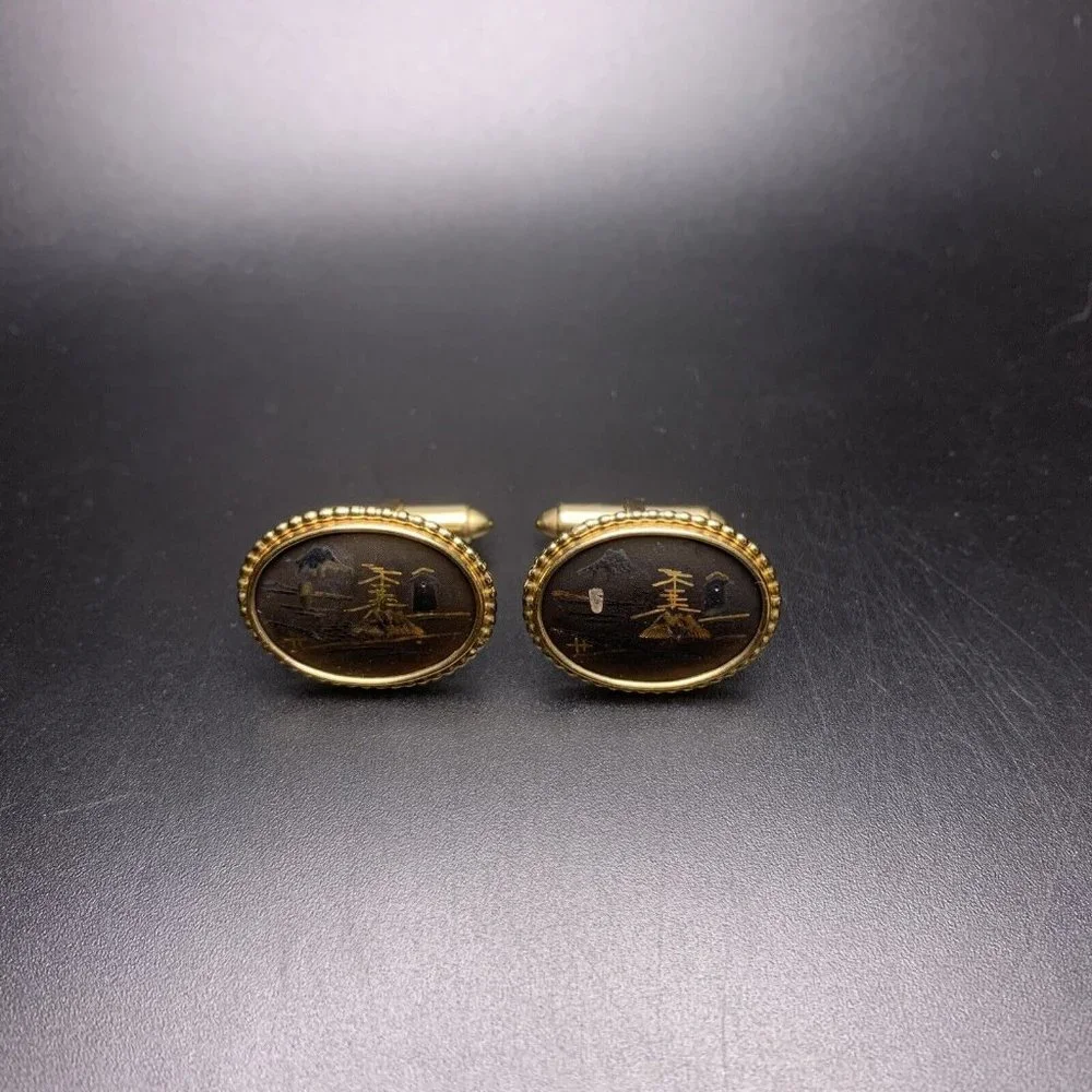 Krementz Cufflinks Gold Tone Asian Style Mountain Scene Painted Oval